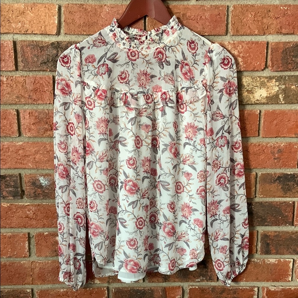 LOFT White Red Floral High Neck Ruffle Blouse